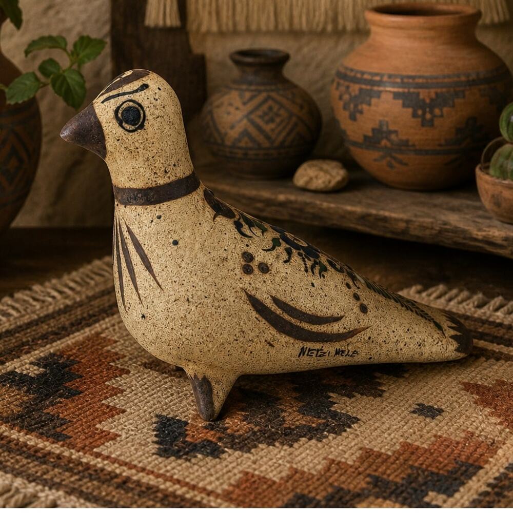 Vintage Tonala Pottery Bird Folk Art Handpainted Floral Boho Aztec Southwestern